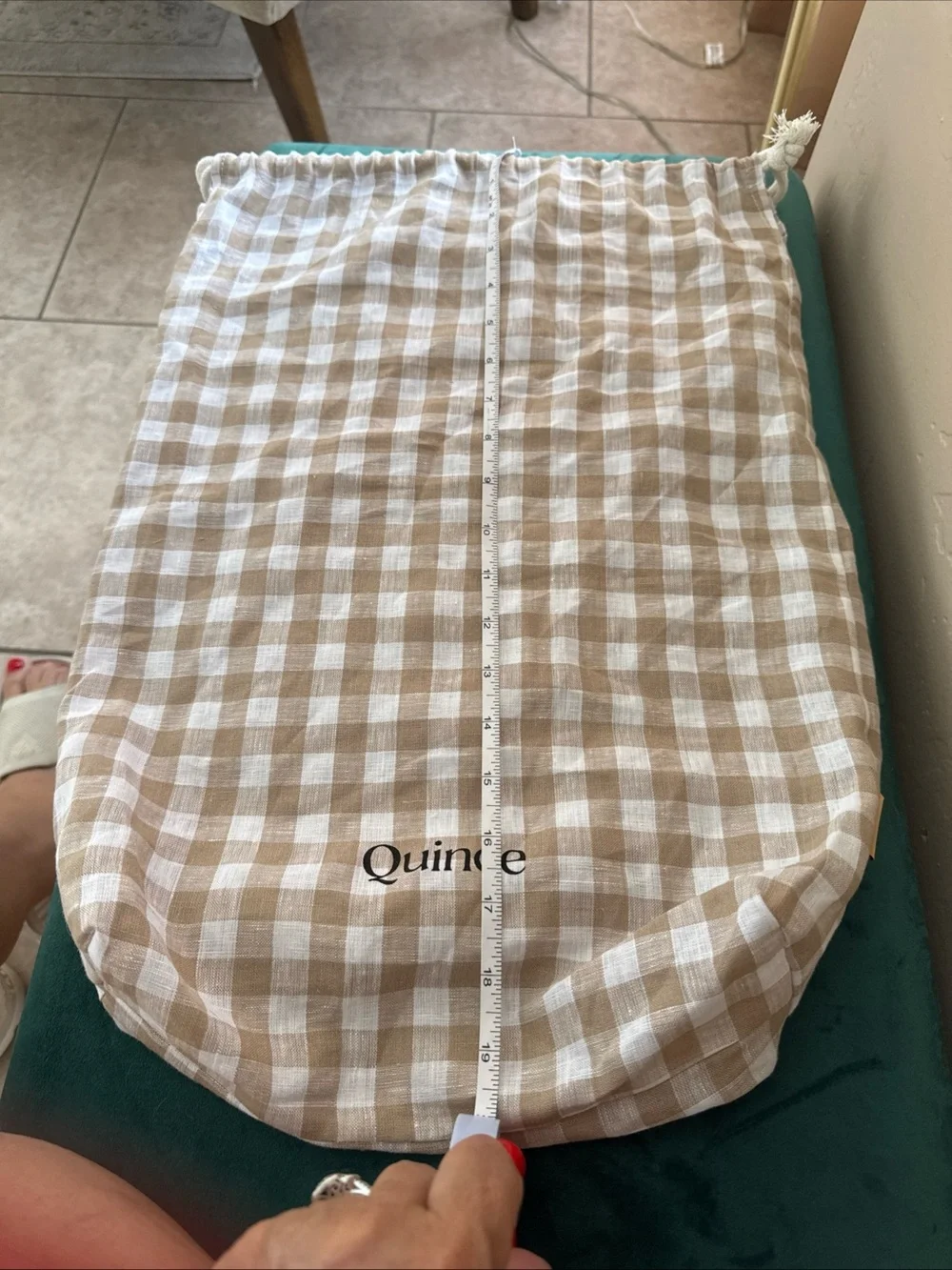 Quince Beige Gingham Linen Drawstring Sheets Purse  Bag King